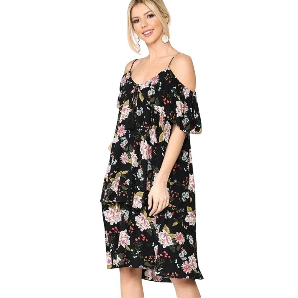GiGiO Floral Print Cold Shoulder Tiered Ruffle Dress Black Pink Flowers‎ L Boho